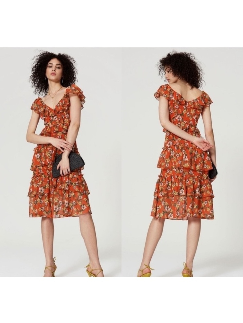 Marissa Webb Red Floral Ruffled Midi Dress Size 4 tiered summer orange